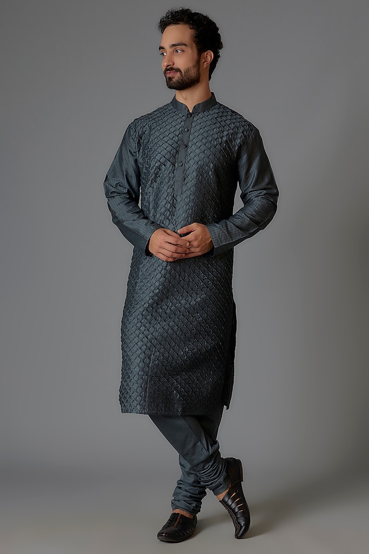 Grey Silk Blend Pintuck Kurta Set by Minaki Men at Pernia's Pop Up Shop