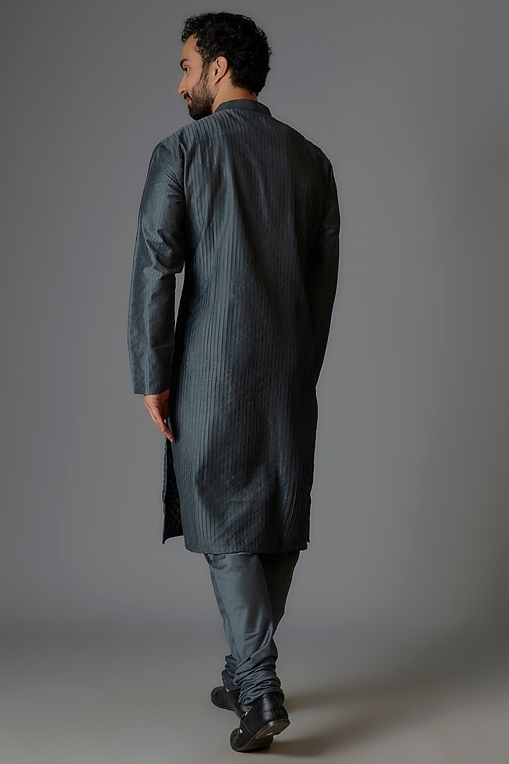 Grey Silk Blend Pintuck Kurta Set by Minaki Men at Pernia's Pop Up Shop