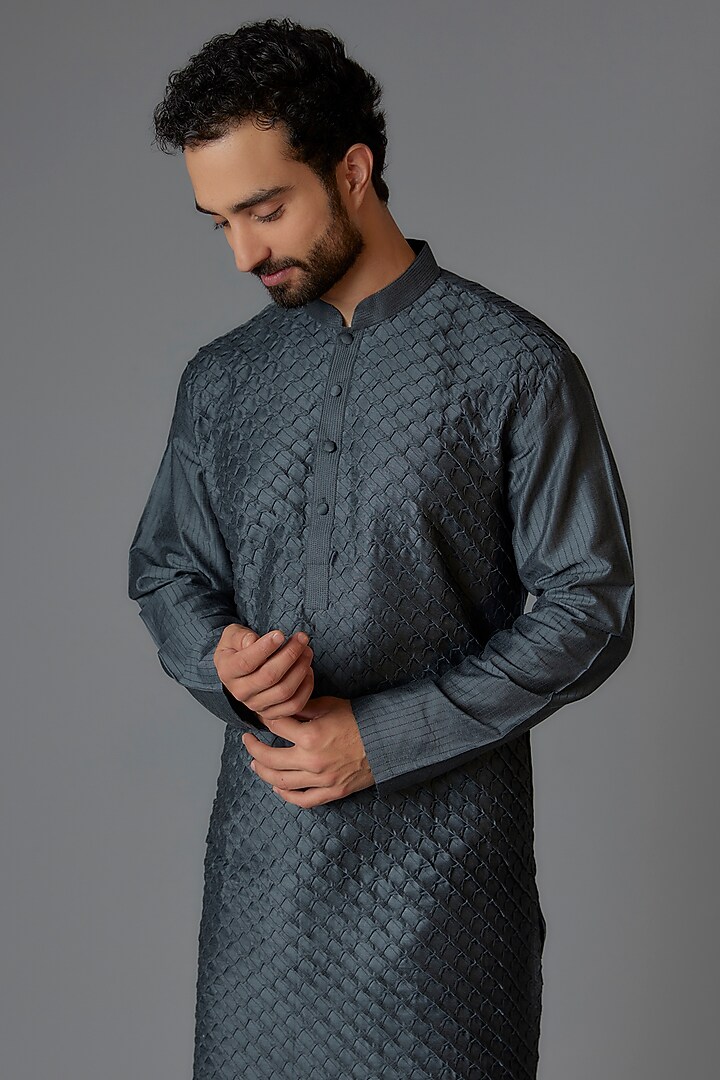 Grey Silk Blend Pintuck Kurta Set by Minaki Men at Pernia's Pop Up Shop