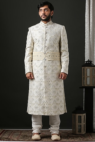 White Hand Embroidered Sherwani Set by Minaki Men