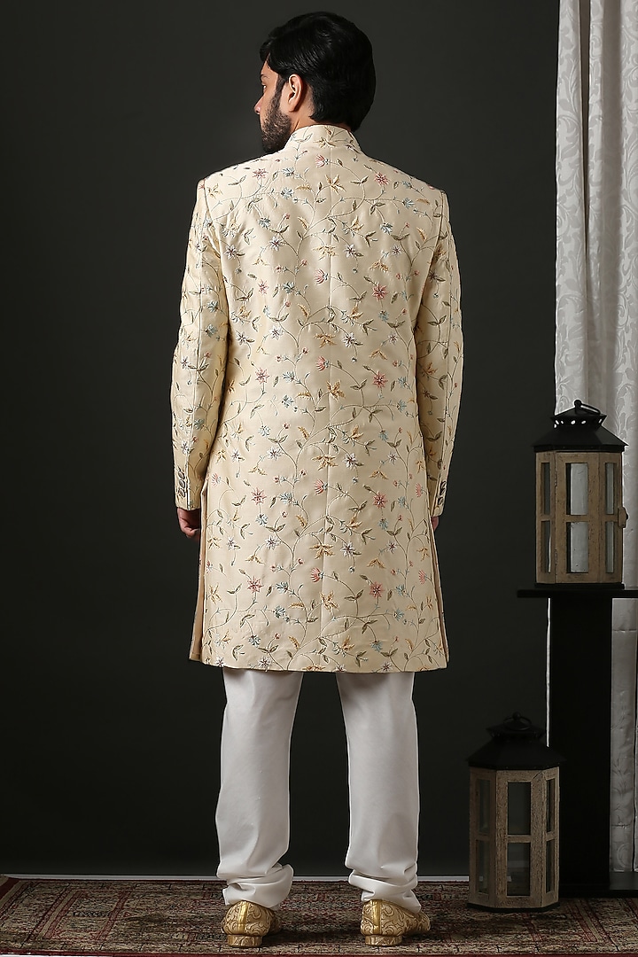 Beige Hand Embroidered Wedding Sherwani Set by Minaki Men at Pernia's Pop Up Shop