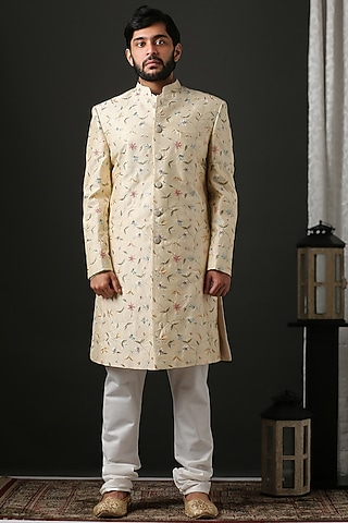 Beige Hand Embroidered Sherwani Set by Minaki Men
