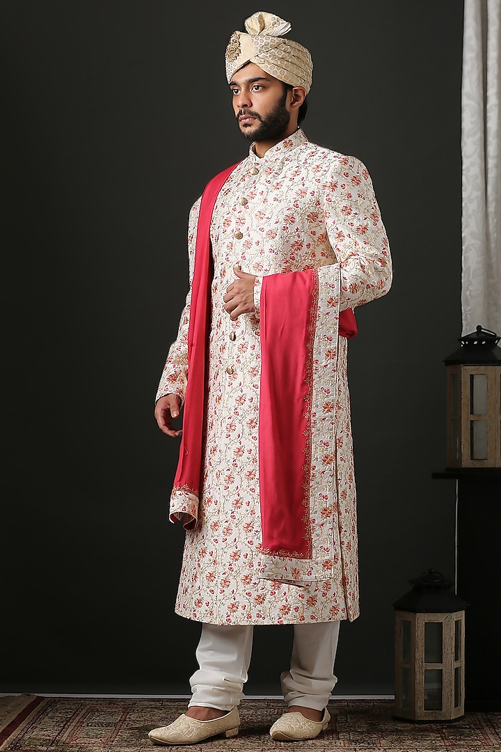 Off-White Floral Hand Embroidered Wedding Sherwani Set by Minaki Men at Pernia's Pop Up Shop