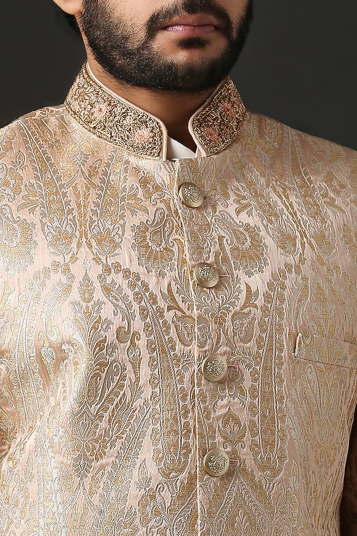 Nude Pink Machine Embroidered Wedding Sherwani Set by Minaki Men at Pernia's Pop Up Shop