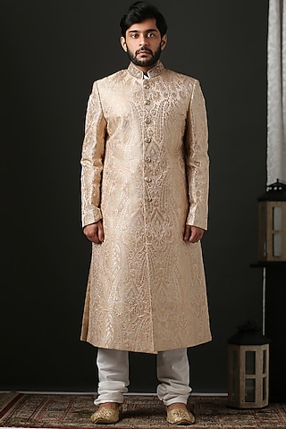 Nude Pink Machine Embroidered Sherwani Set by Minaki Men