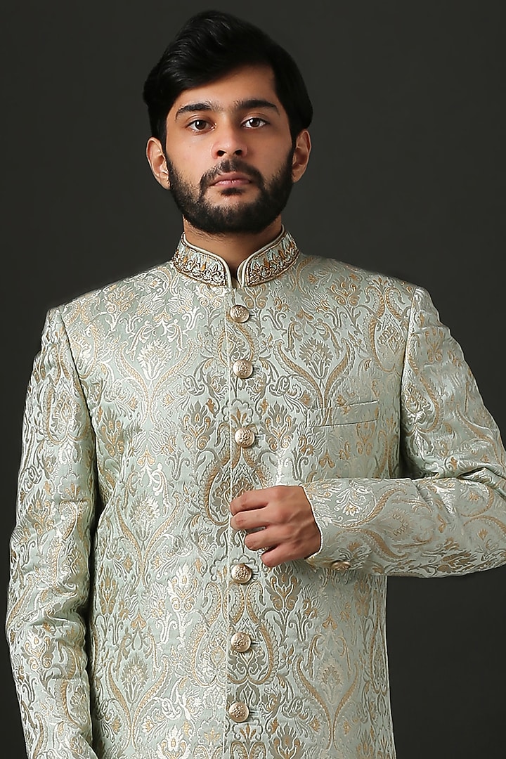 Mint Gold Embroidered Wedding Sherwani Set by Minaki Men at Pernia's Pop Up Shop