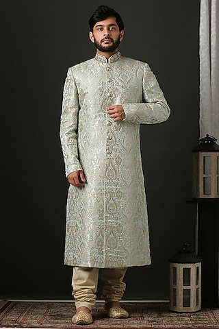 Mint Gold Embroidered Sherwani Set by Minaki Men