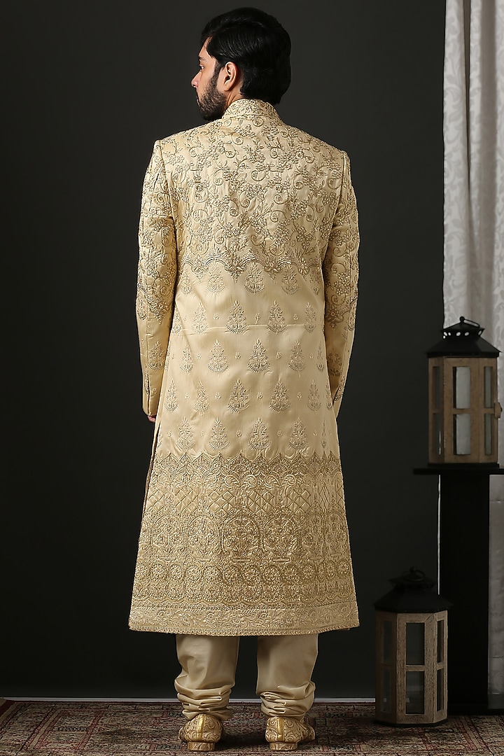 Gold Hand Embroidered Groom Sherwani Set by Minaki Men at Pernia's Pop Up Shop