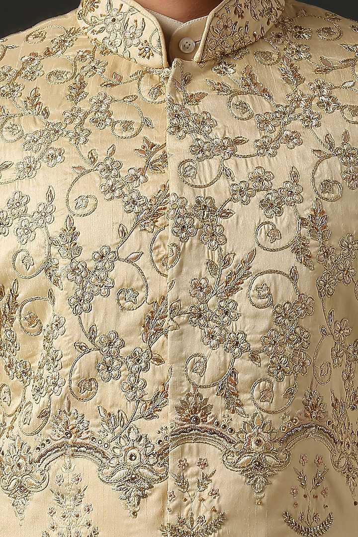 Gold Hand Embroidered Groom Sherwani Set by Minaki Men at Pernia's Pop Up Shop