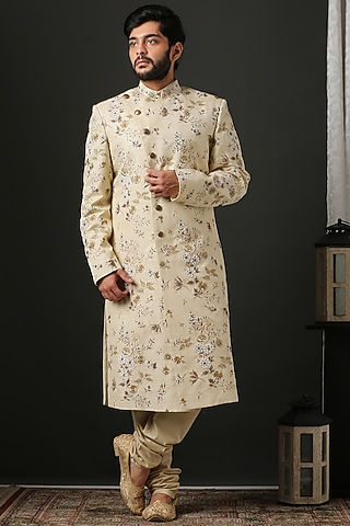 Cream Hand Embroidered Sherwani Set by Minaki Men