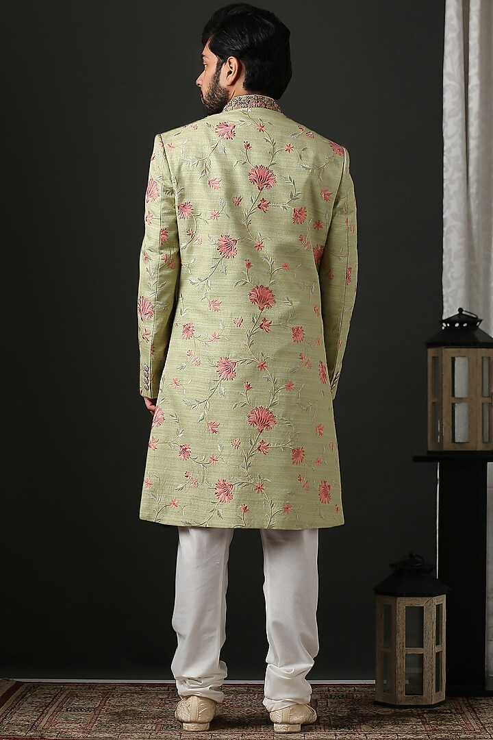 Pale Green Floral Embroidered Wedding Sherwani Set by Minaki Men at Pernia's Pop Up Shop
