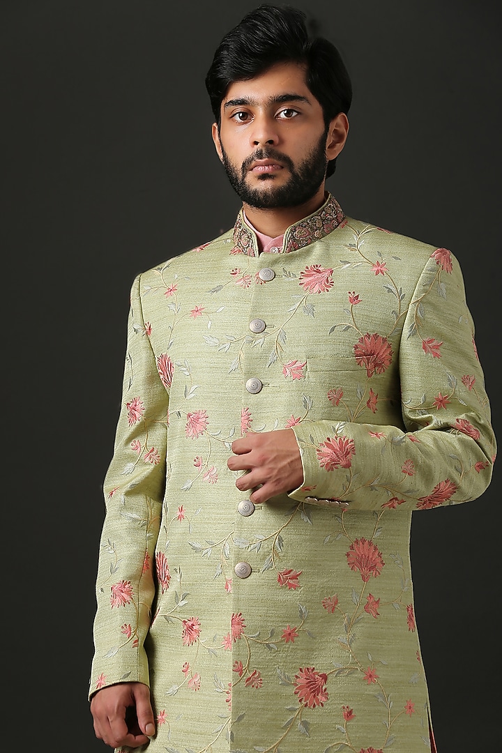 Pale Green Floral Embroidered Wedding Sherwani Set by Minaki Men at Pernia's Pop Up Shop