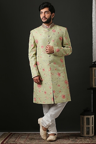 Pale Green Floral Embroidered Sherwani Set by Minaki Men