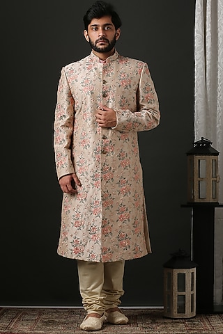 Fawn Floral Embroidered Sherwani Set by Minaki Men