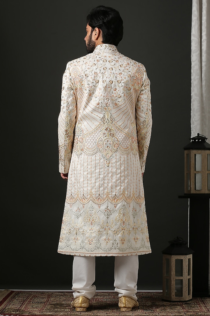 Off-White & Gold Hand Embroidered Groom Sherwani Set by Minaki Men at Pernia's Pop Up Shop