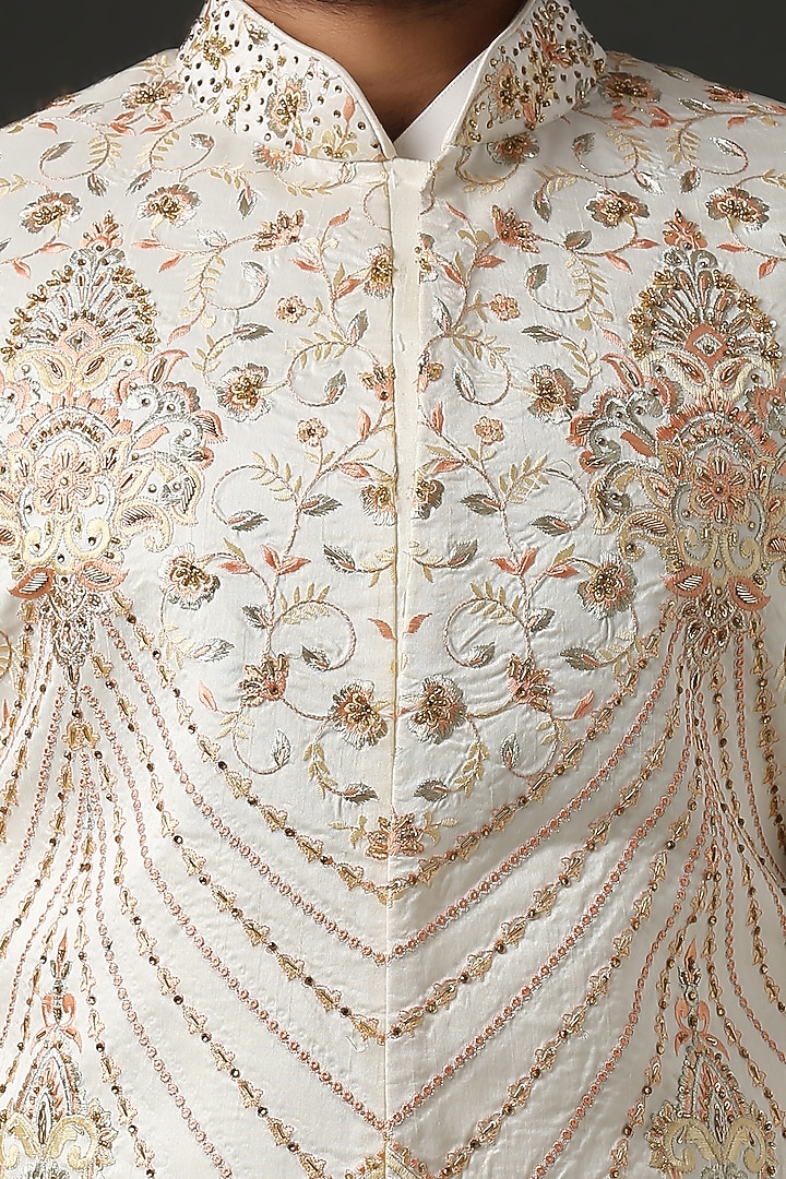 Off-White & Gold Hand Embroidered Groom Sherwani Set by Minaki Men at Pernia's Pop Up Shop