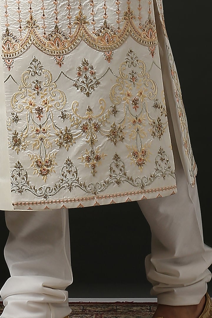 Off-White & Gold Hand Embroidered Groom Sherwani Set by Minaki Men at Pernia's Pop Up Shop