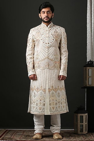 Off-White & Gold Hand Embroidered Sherwani Set by Minaki Men