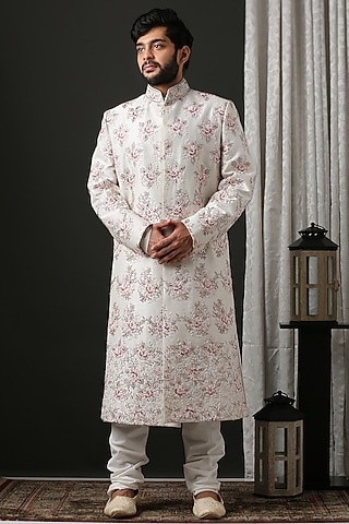 Off-White Hand Embroidered Sherwani Set by Minaki Men