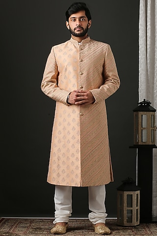 Peach Hand Embroidered Sherwani Set by Minaki Men