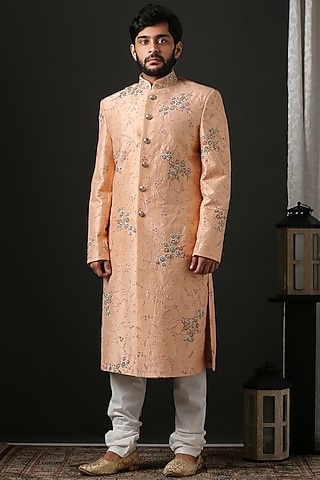 Peach Embroidered Sherwani Set by Minaki Men