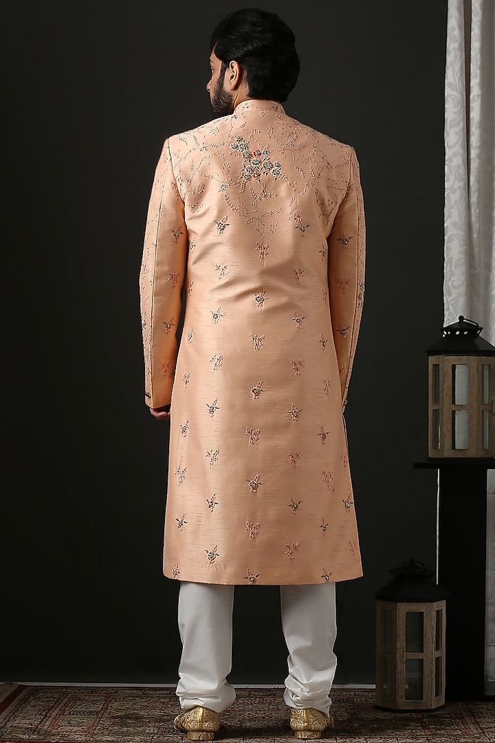 Peach Embroidered Groom Sherwani Set by Minaki Men at Pernia's Pop Up Shop