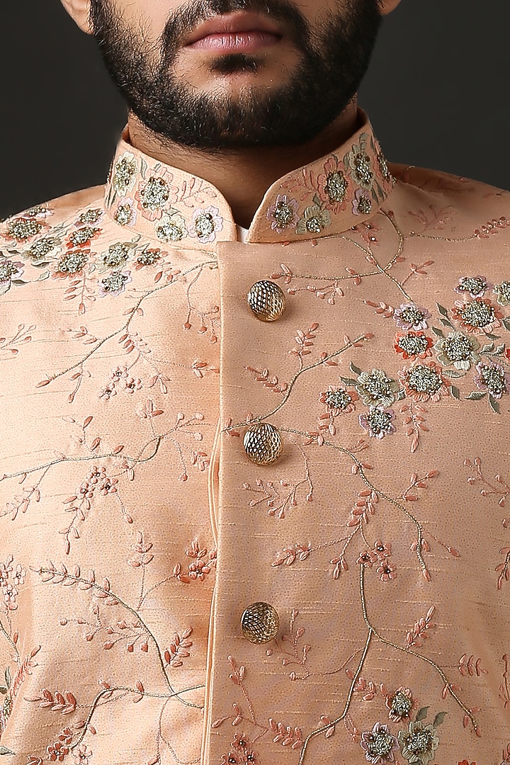 Peach Embroidered Groom Sherwani Set by Minaki Men at Pernia's Pop Up Shop