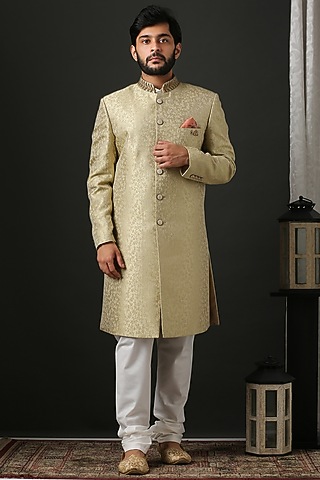 Gold Machine Embroidered Sherwani Set by Minaki Men