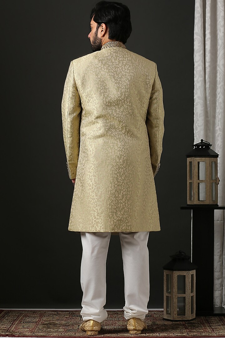 Gold Machine Embroidered Wedding Sherwani Set by Minaki Men at Pernia's Pop Up Shop