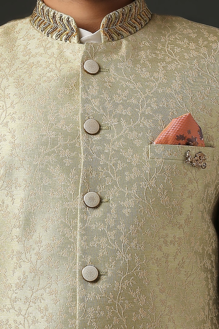 Gold Machine Embroidered Wedding Sherwani Set by Minaki Men at Pernia's Pop Up Shop