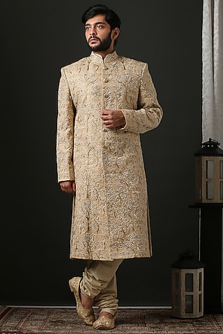 Cream Hand Embroidered Sherwani Set by Minaki Men