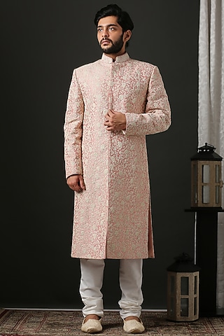 Light Pink Hand Embroidered Sherwani Set by Minaki Men