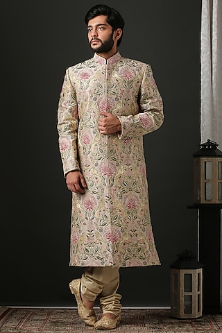 Fawn Hand Embroidered Sherwani Set by Minaki Men