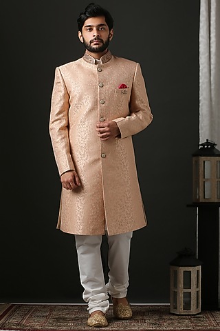 Peach Machine Embroidered Sherwani Set by Minaki Men