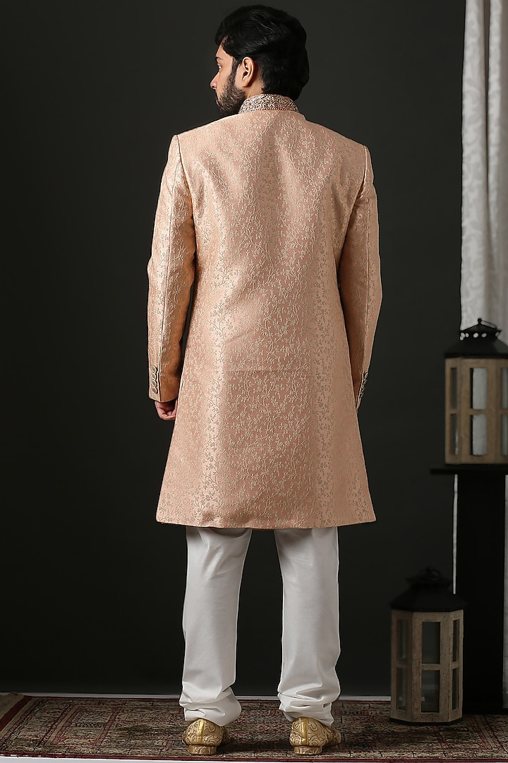 Peach Machine Embroidered Wedding Sherwani Set by Minaki Men at Pernia's Pop Up Shop