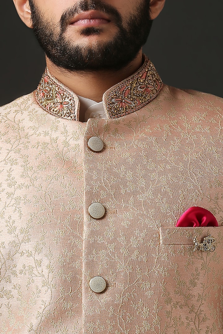 Peach Machine Embroidered Wedding Sherwani Set by Minaki Men at Pernia's Pop Up Shop