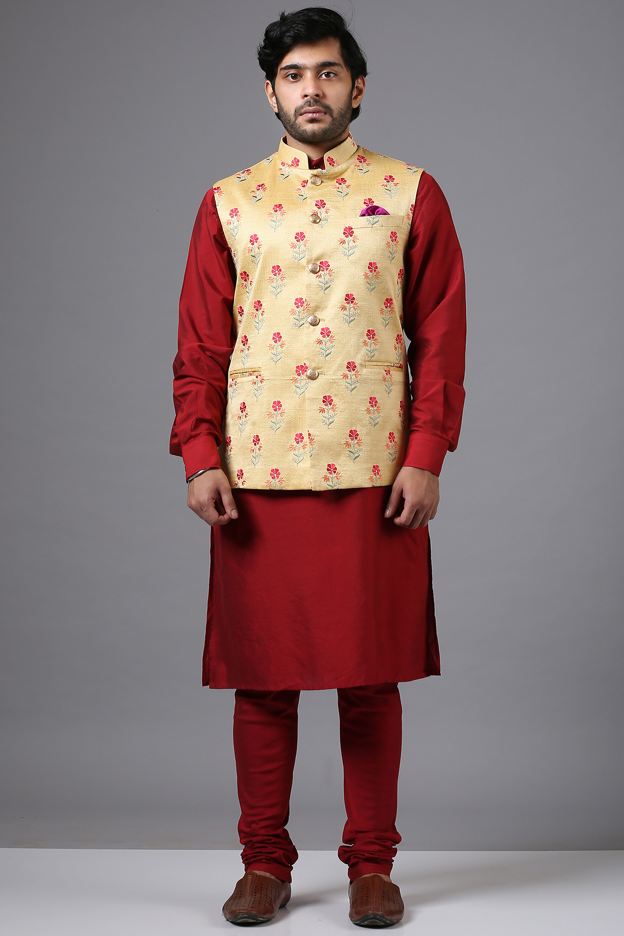 Light Yellow Poly Silk Floral Embroidered Bundi Jacket by Minaki Men at Pernia's Pop Up Shop