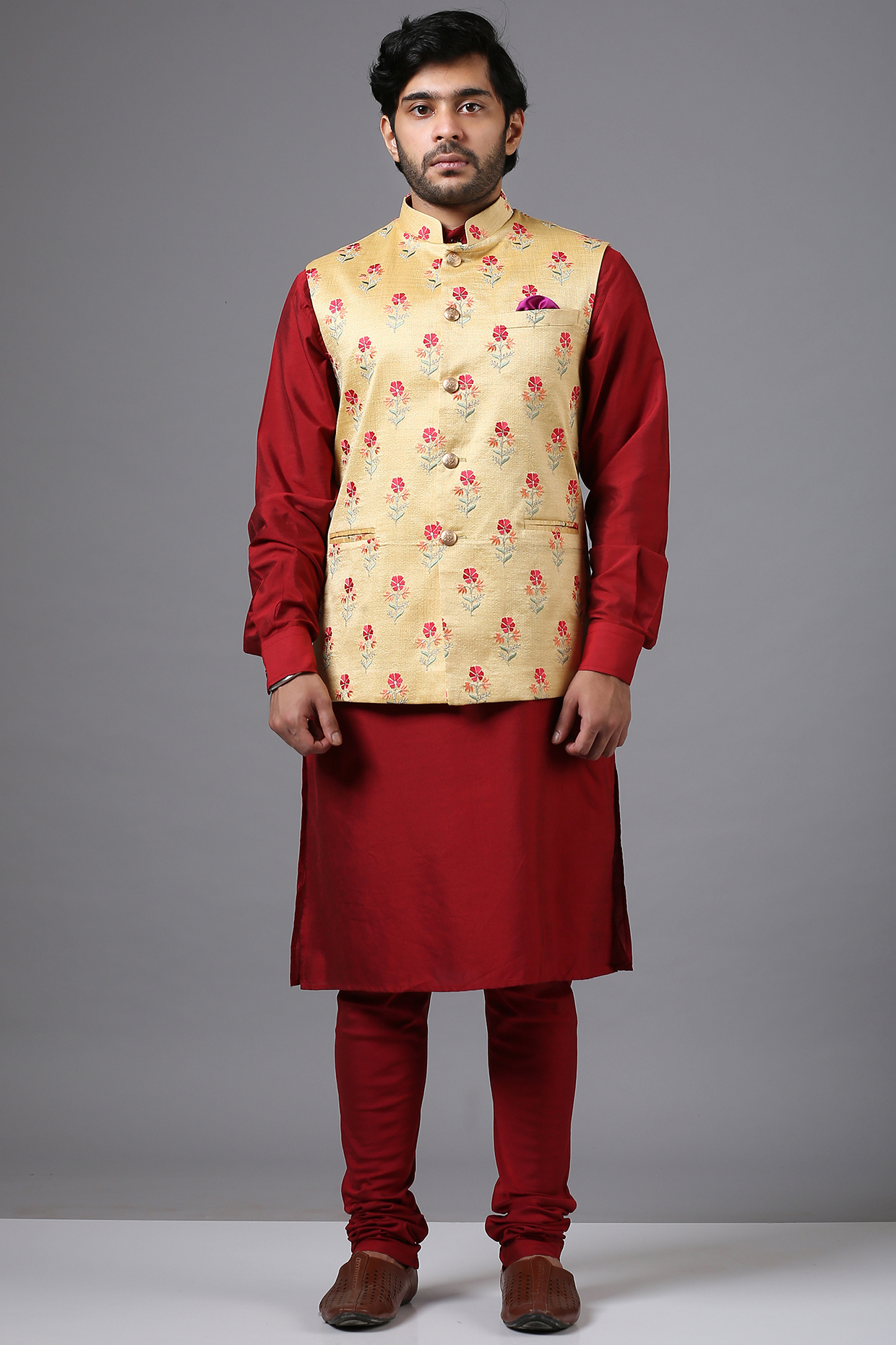 Crimson Red Kurta Set With Bundi Jacket by Minaki Men