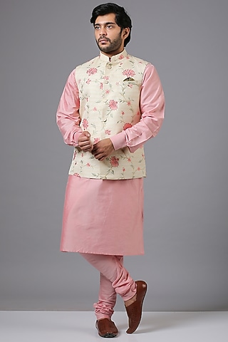 Blush Pink Kurta Set With Bundi Jacket by Minaki Men