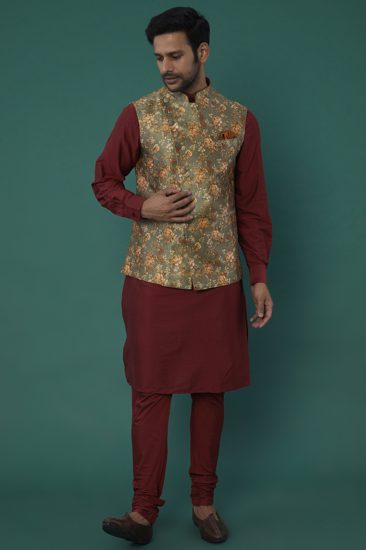 Mehendi Green Poly Silk Floral Bundi Jacket by Minaki Men