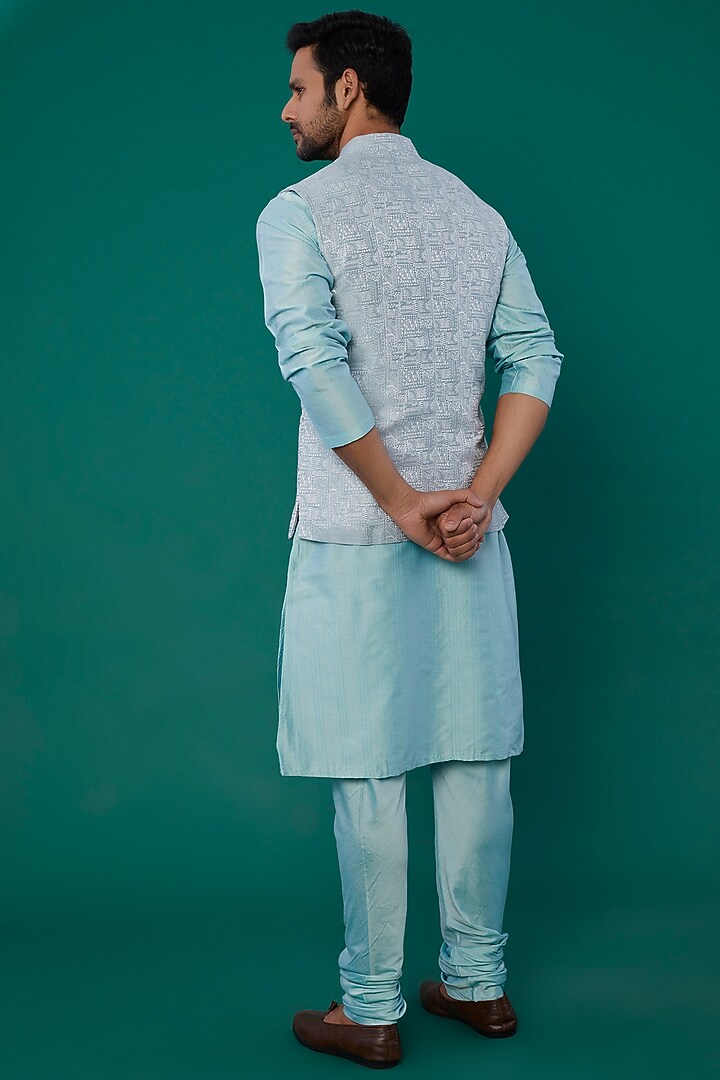 Sky Blue Jacquard Woven Bundi Jacket by Minaki Men at Pernia's Pop Up Shop