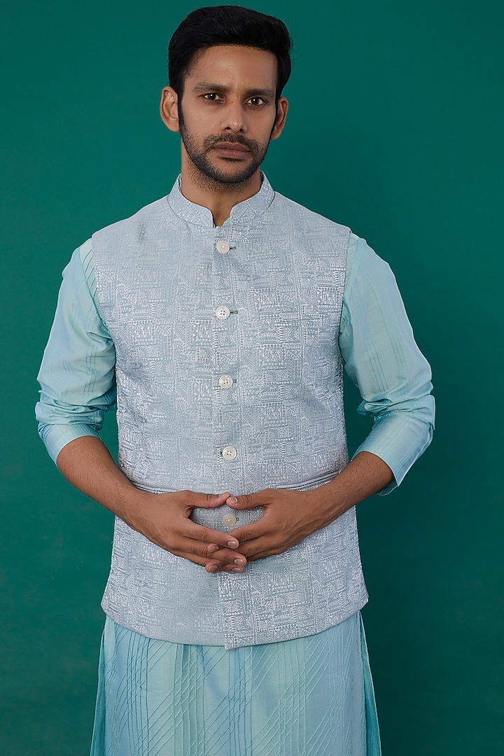 Sky Blue Jacquard Woven Bundi Jacket by Minaki Men at Pernia's Pop Up Shop