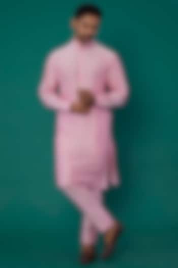 Pink Poly Silk Kurta Set by Minaki Men