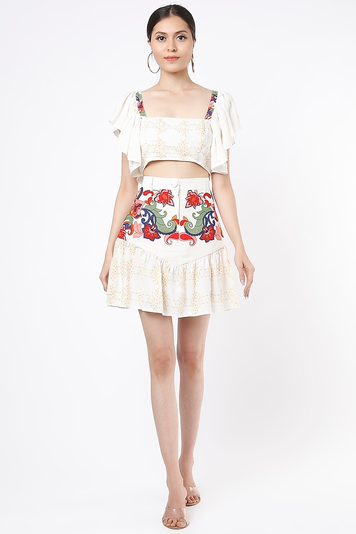 White Printed Skirt Set by Mia Magell