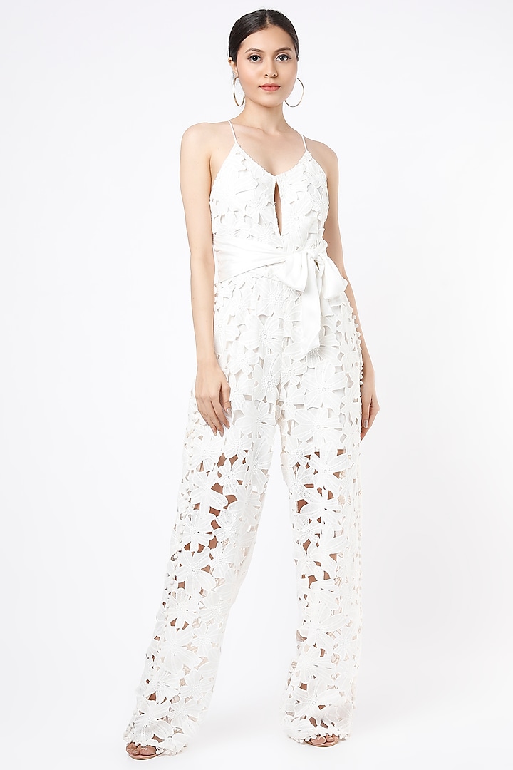 White Pom-Pom Laced Jumpsuit by Mia Magell