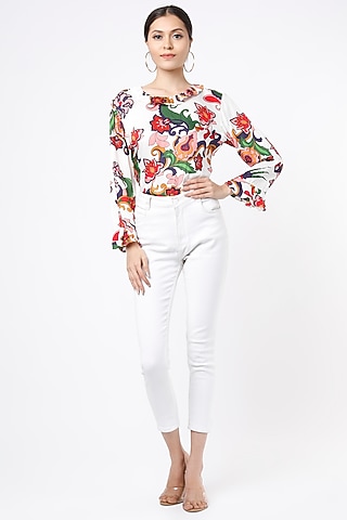 White Modal Satin Printed Bodysuit by Mia Magell