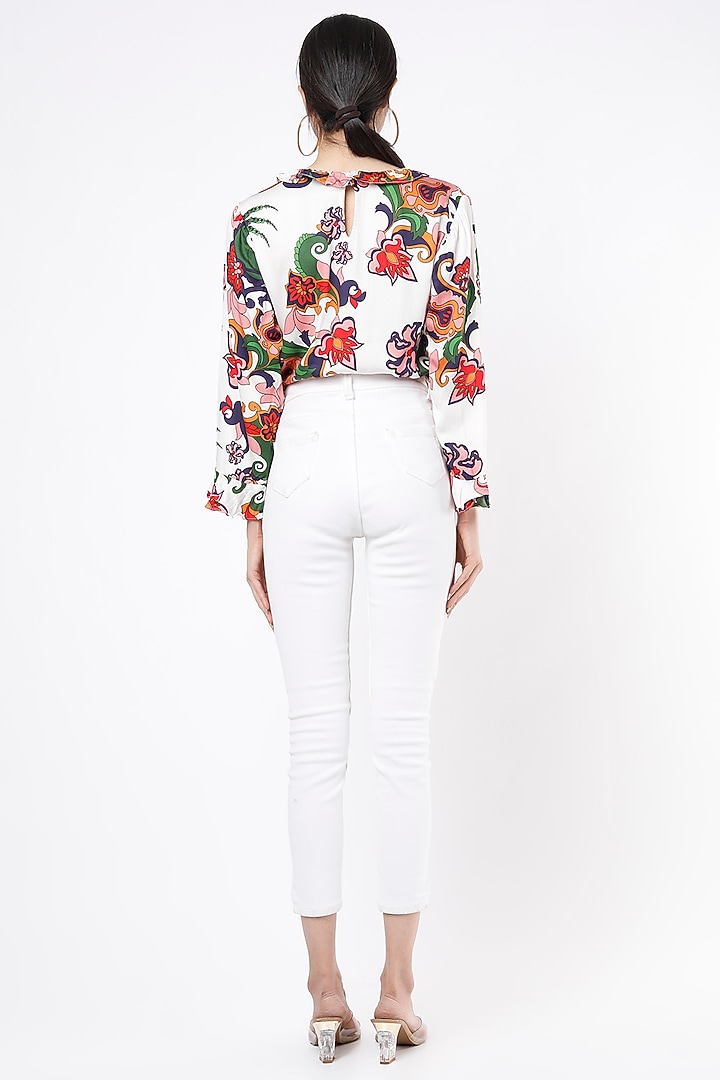 White Modal Satin Printed Bodysuit by Mia Magell at Pernia's Pop Up Shop