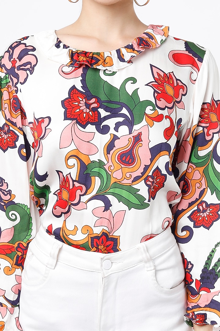 White Modal Satin Printed Bodysuit by Mia Magell at Pernia's Pop Up Shop