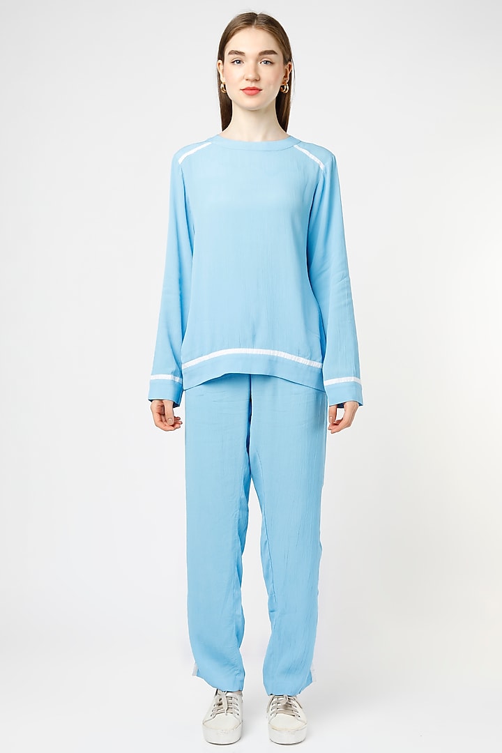 Blue Moss Crepe Pant Set by Mia Magell