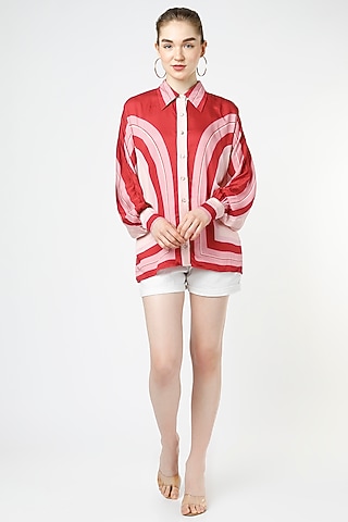 Pink Modal Satin Printed Shirt by Mia Magell
